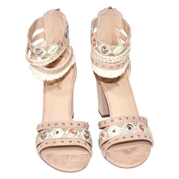 Catwalk Shoes - Catwalk Boho Chic Embellished Beige Block Heel Size 8.5
